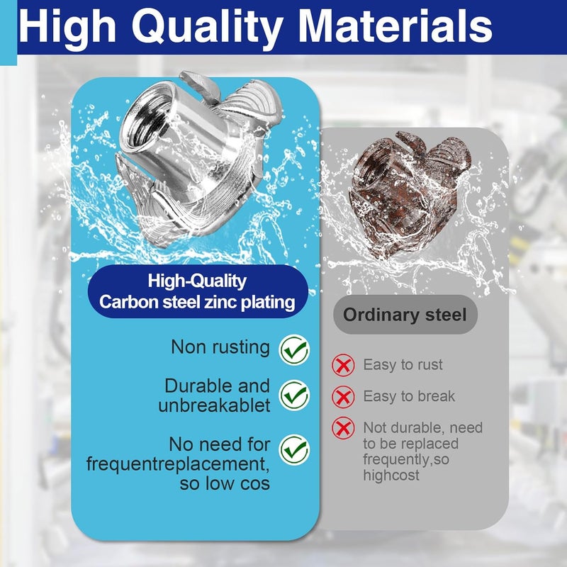 Usdrwam 50 Pack 3/8"-16 T Nuts for Wood, Zinc-Plated Carbon Steel 4-Prong Tee Nuts for Furniture, Cabinets, and Rock Climbing Holds - Image 5